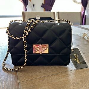 Black Quilted Crossbody Bag with Gold Chain